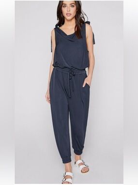 Cinq a Sept Shawn sleeveless satin jumpsuit w/cowl neck and gathered tie waist